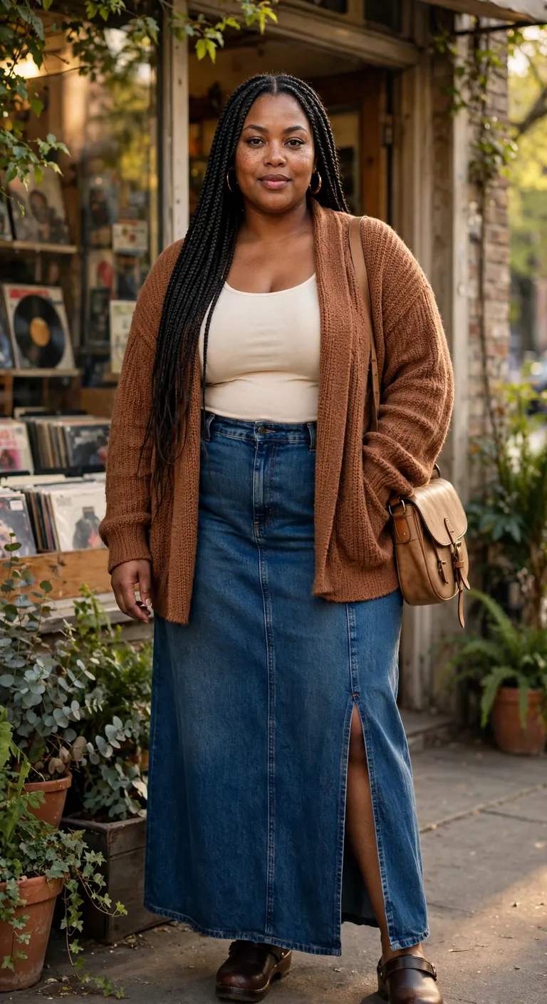 cinnamon cardigan with indigo denim maxi skirt