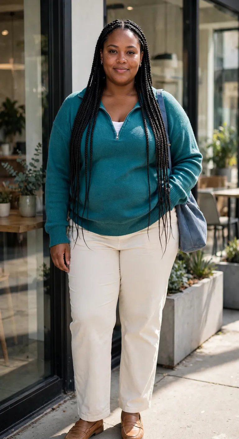 teal quarter zip with cream straight pants