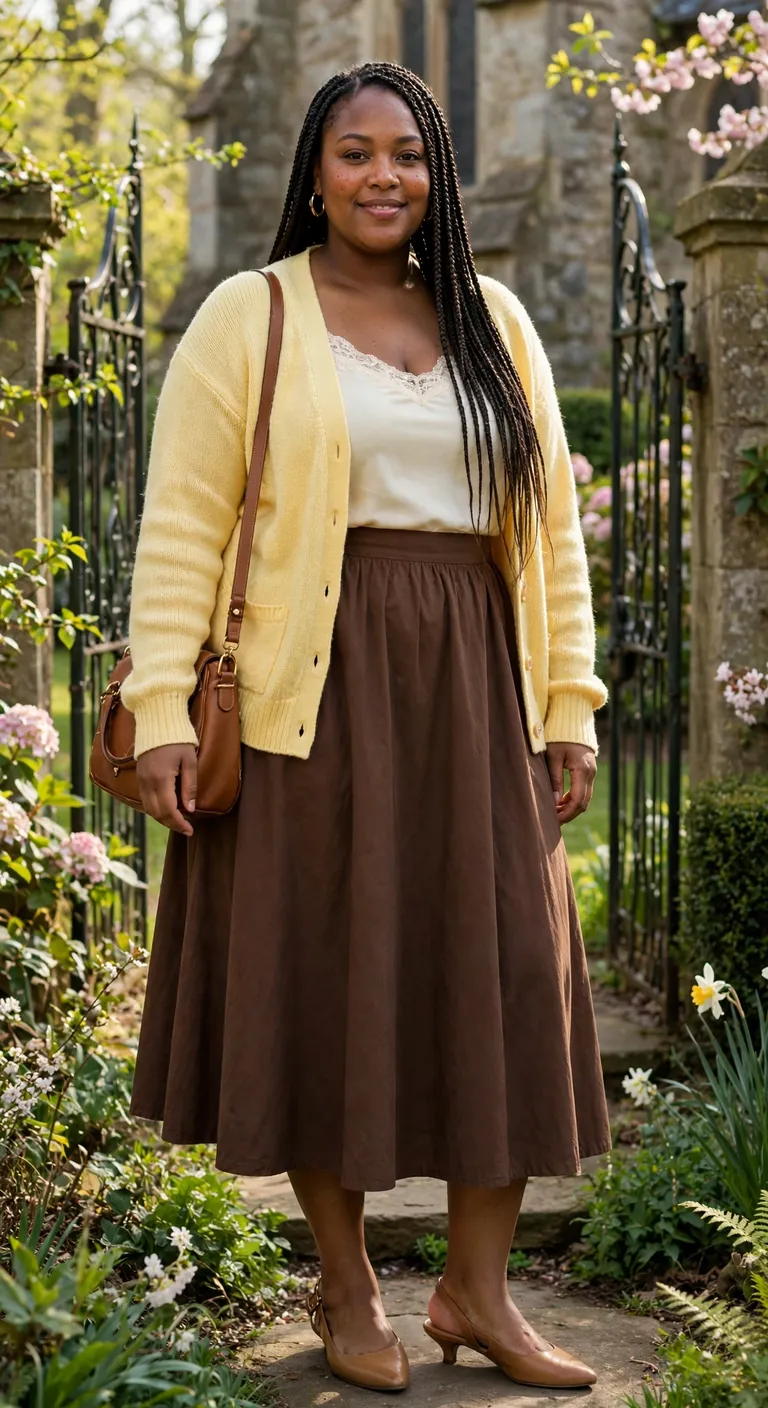 butter yellow cardigan with a chocolate midi skirt