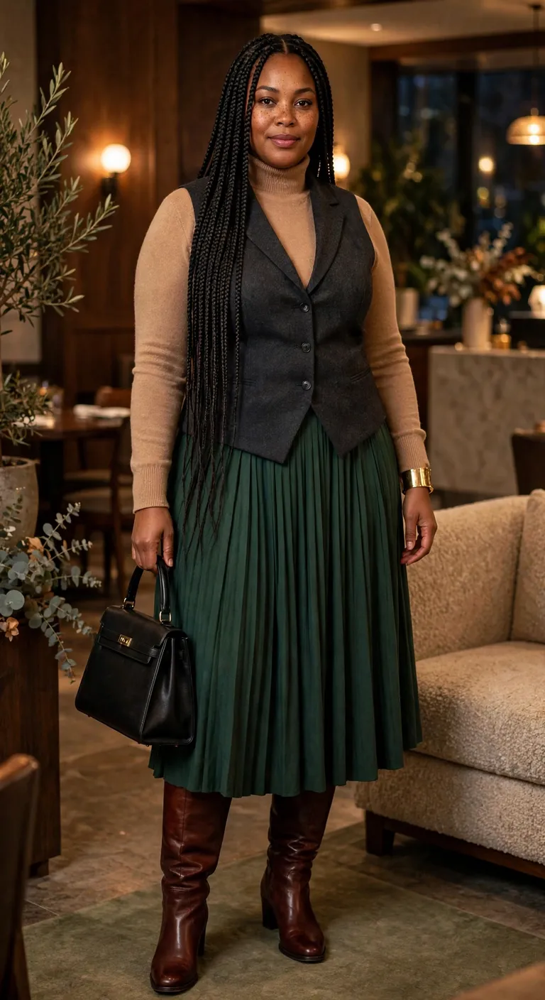 charcoal tailored vest, turtleneck and midi skirt