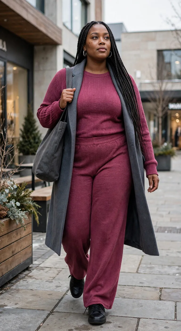 slate coat over a berry knit set