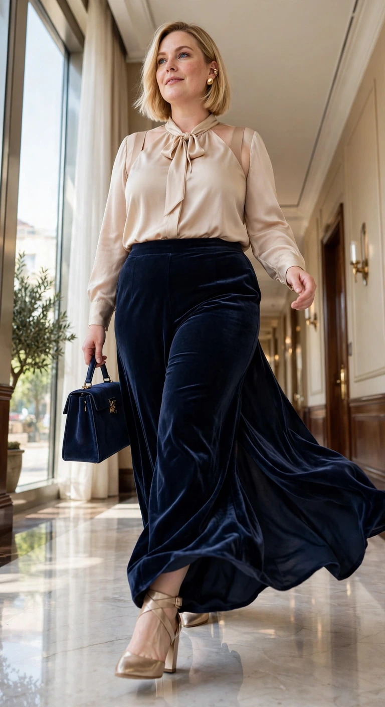navy velvet pants with a champagne bow-neck blouse