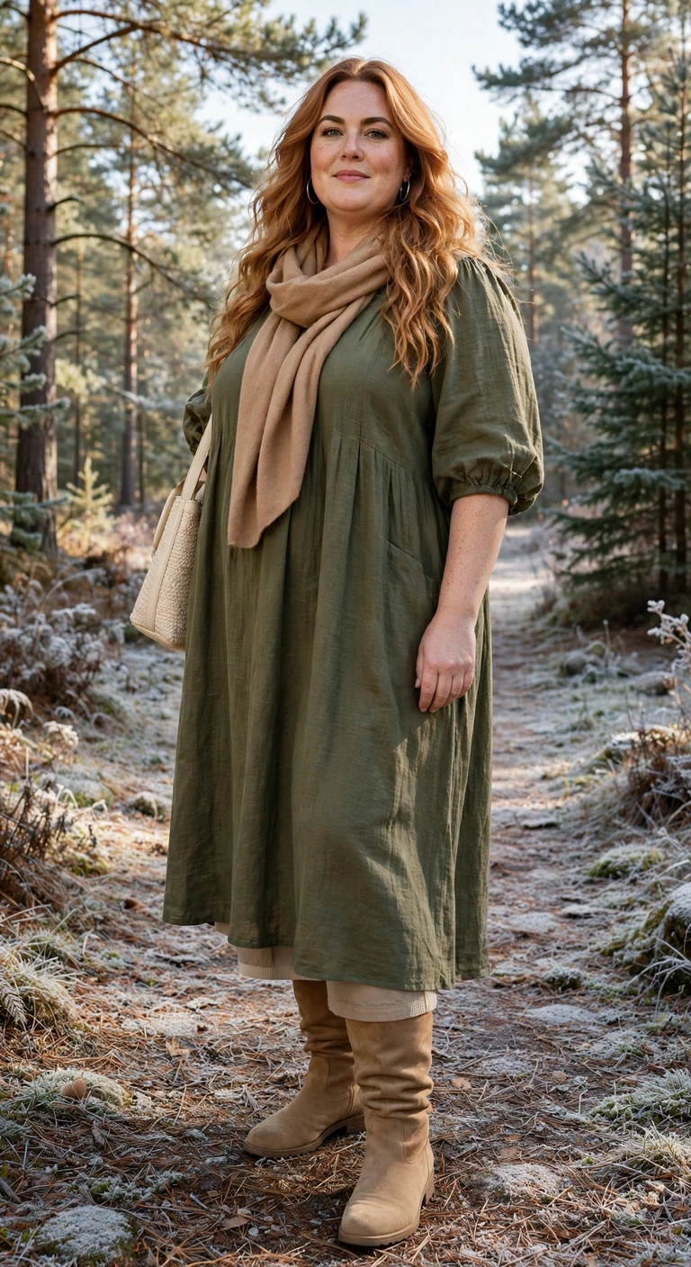 olive midi dress with tan knee boots