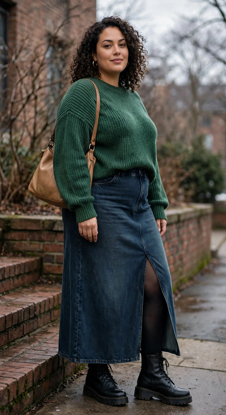 denim maxi skirt with a forest sweater and lug boots