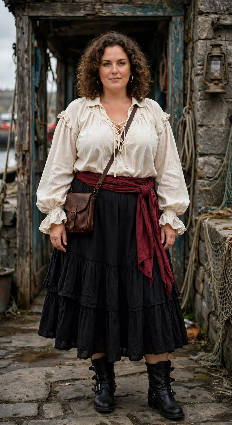 pirate blouse, black midi skirt and buckle boots