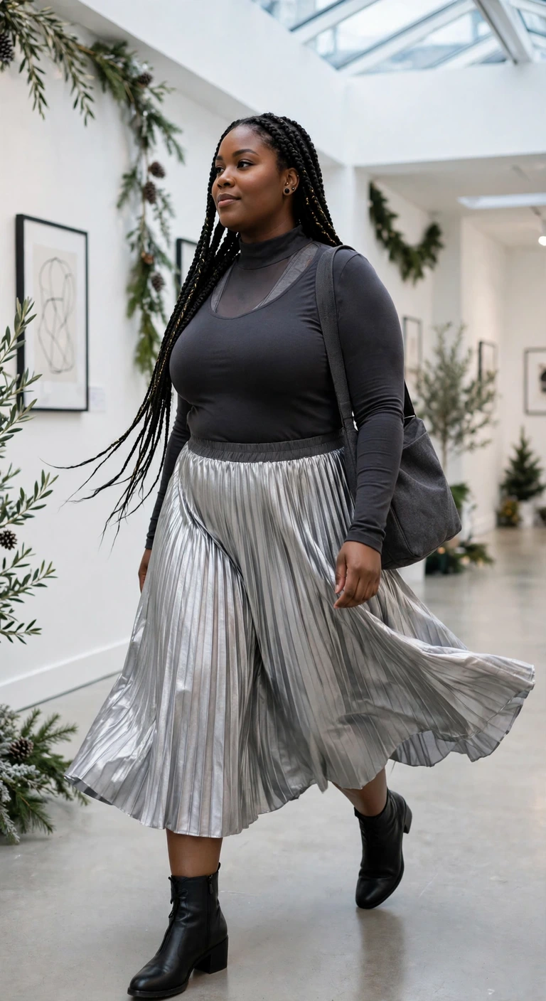 silver pleated skirt with a charcoal mock-neck