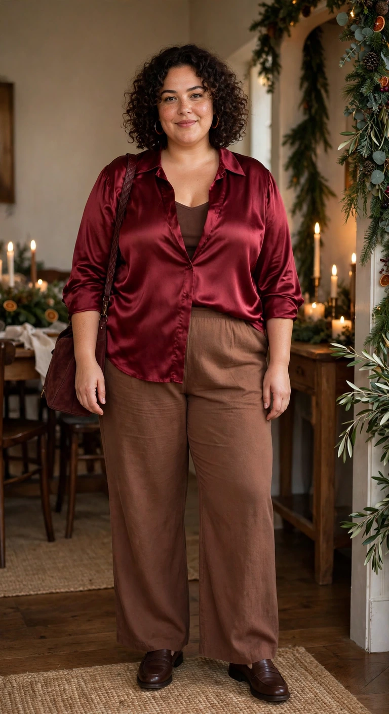 cocoa wide-leg pants with a wine satin blouse