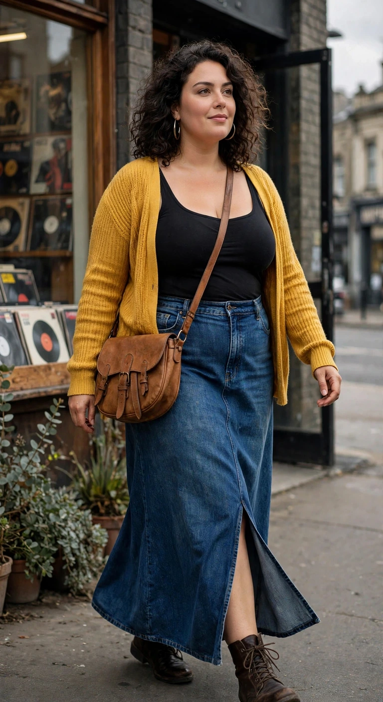 indigo denim maxi skirt and mustard cardigan