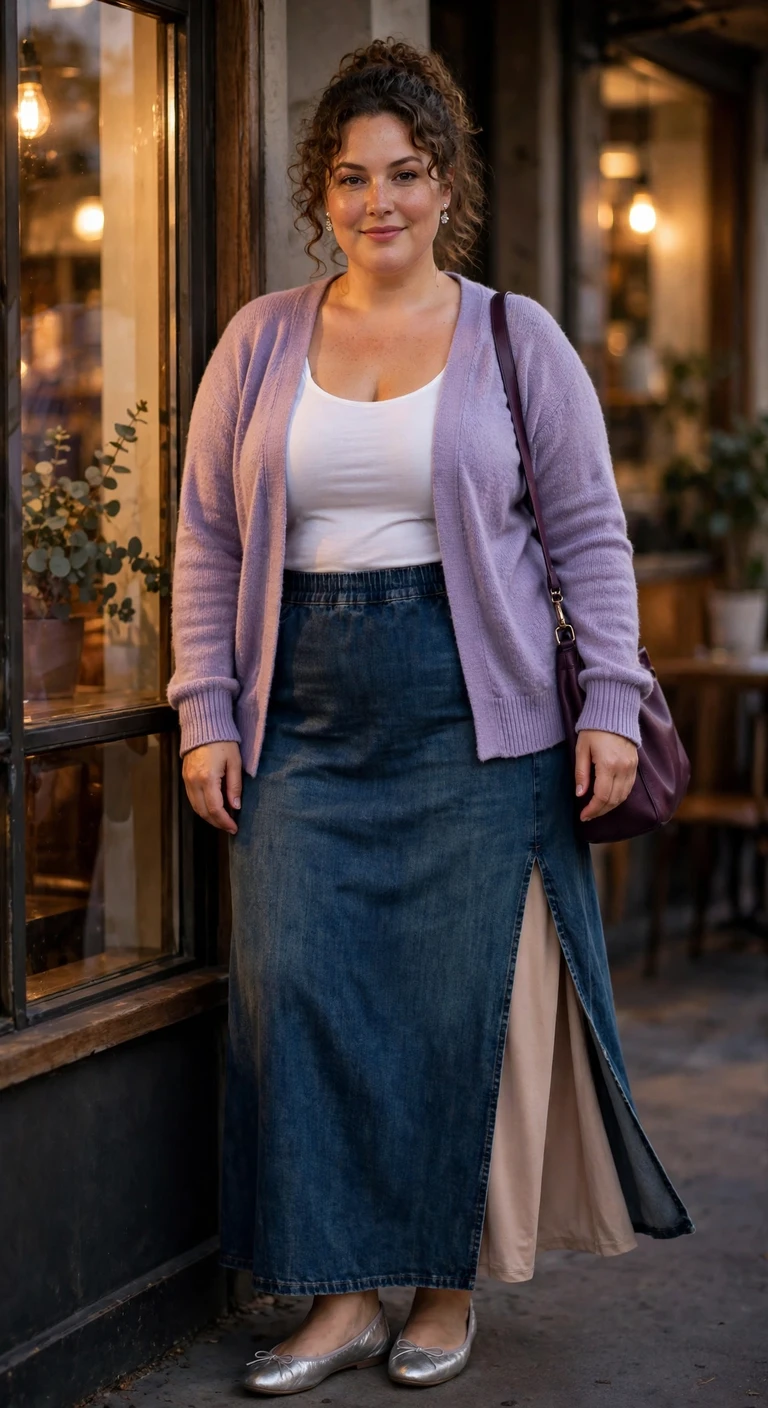 lavender cardigan with a dark denim maxi