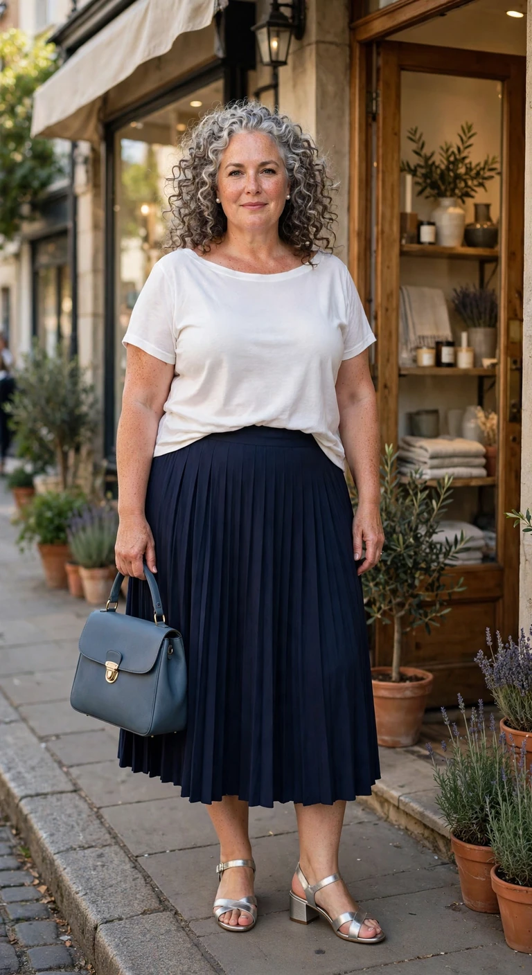 blush blouse with a plum midi skirt