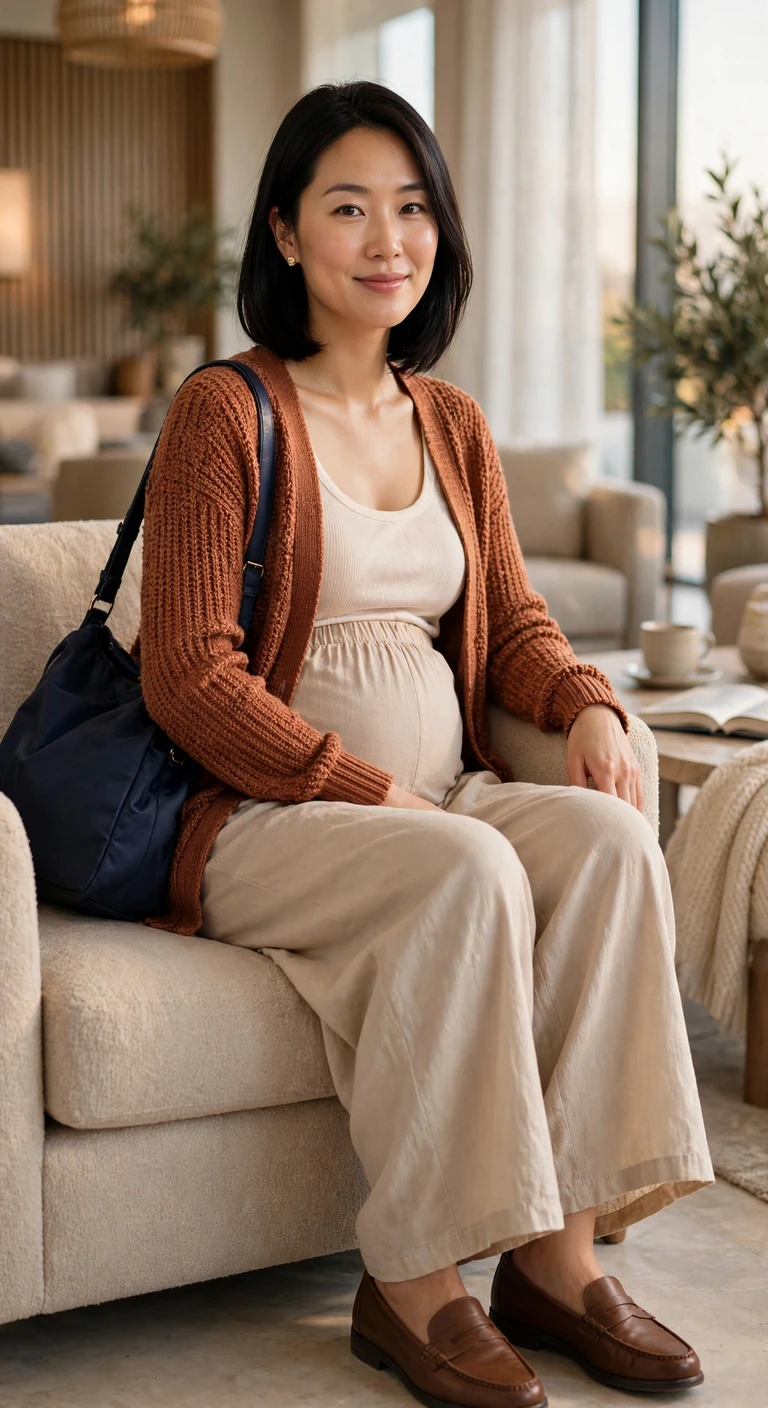 sage sweatshirt and ecru knit pants