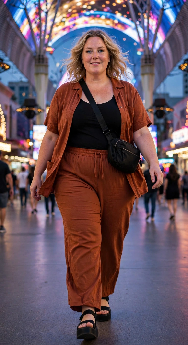 rust co-ord with black platform sandals