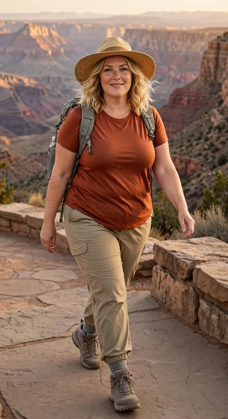 slate hiking joggers with a butter yellow tee