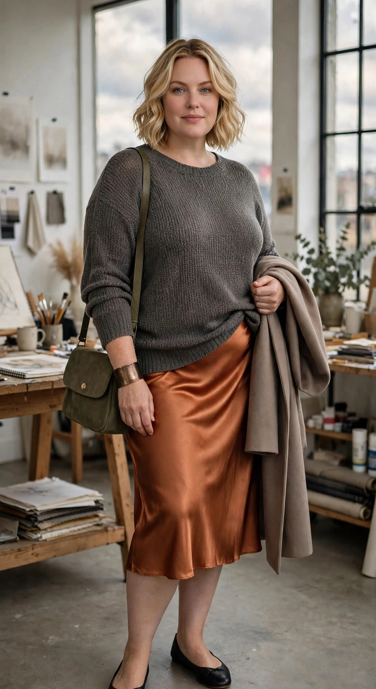 copper slip skirt and fine knit for creative offices