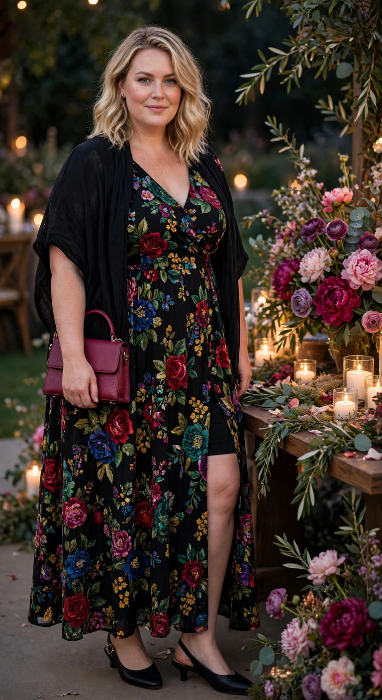black floral maxi with jewel-tone blooms