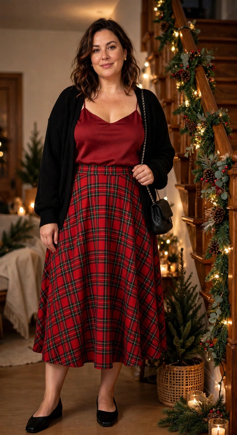 red plaid midi skirt with a soft black cardigan