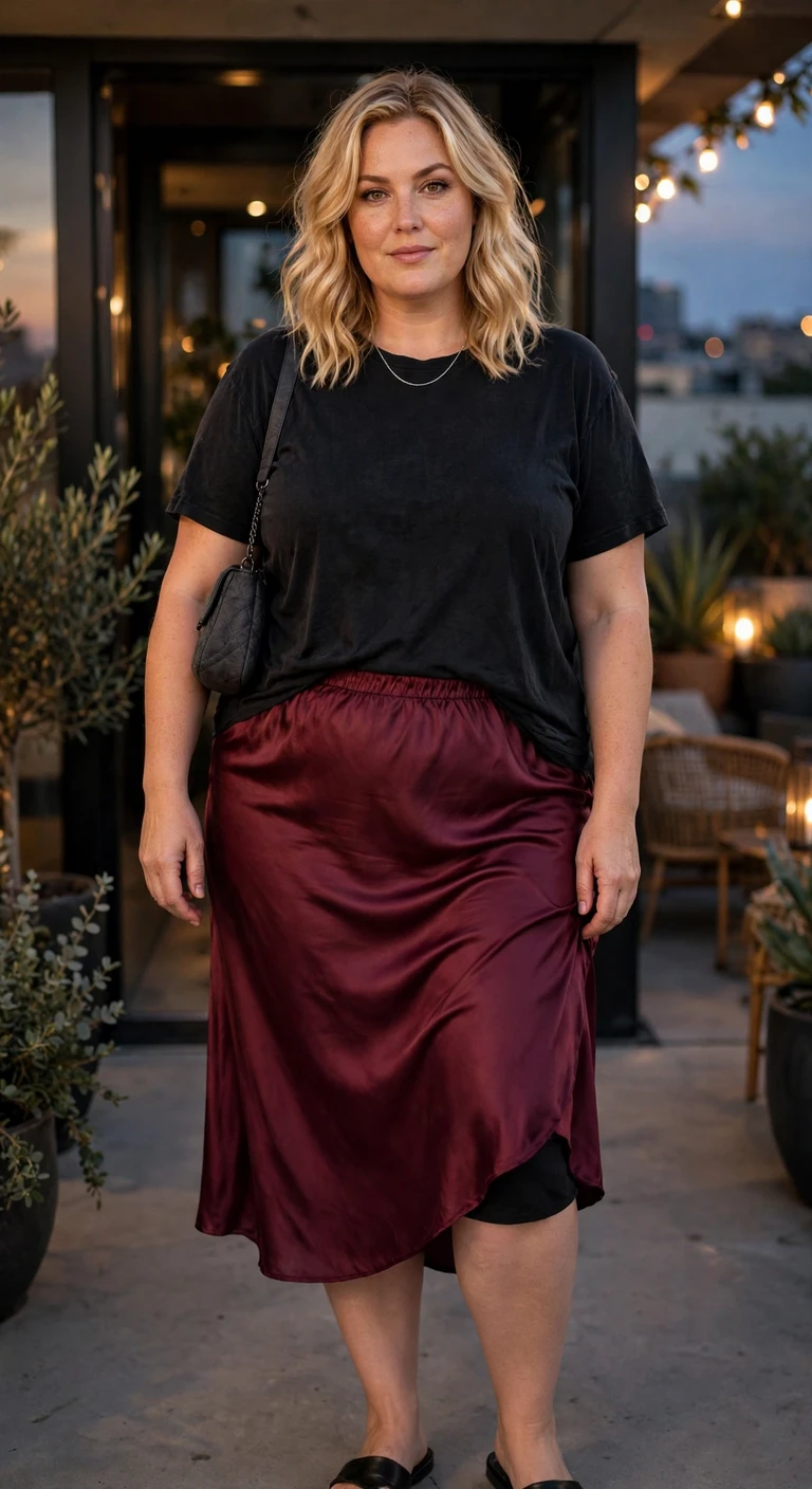 washed black tee with a burgundy satin skirt