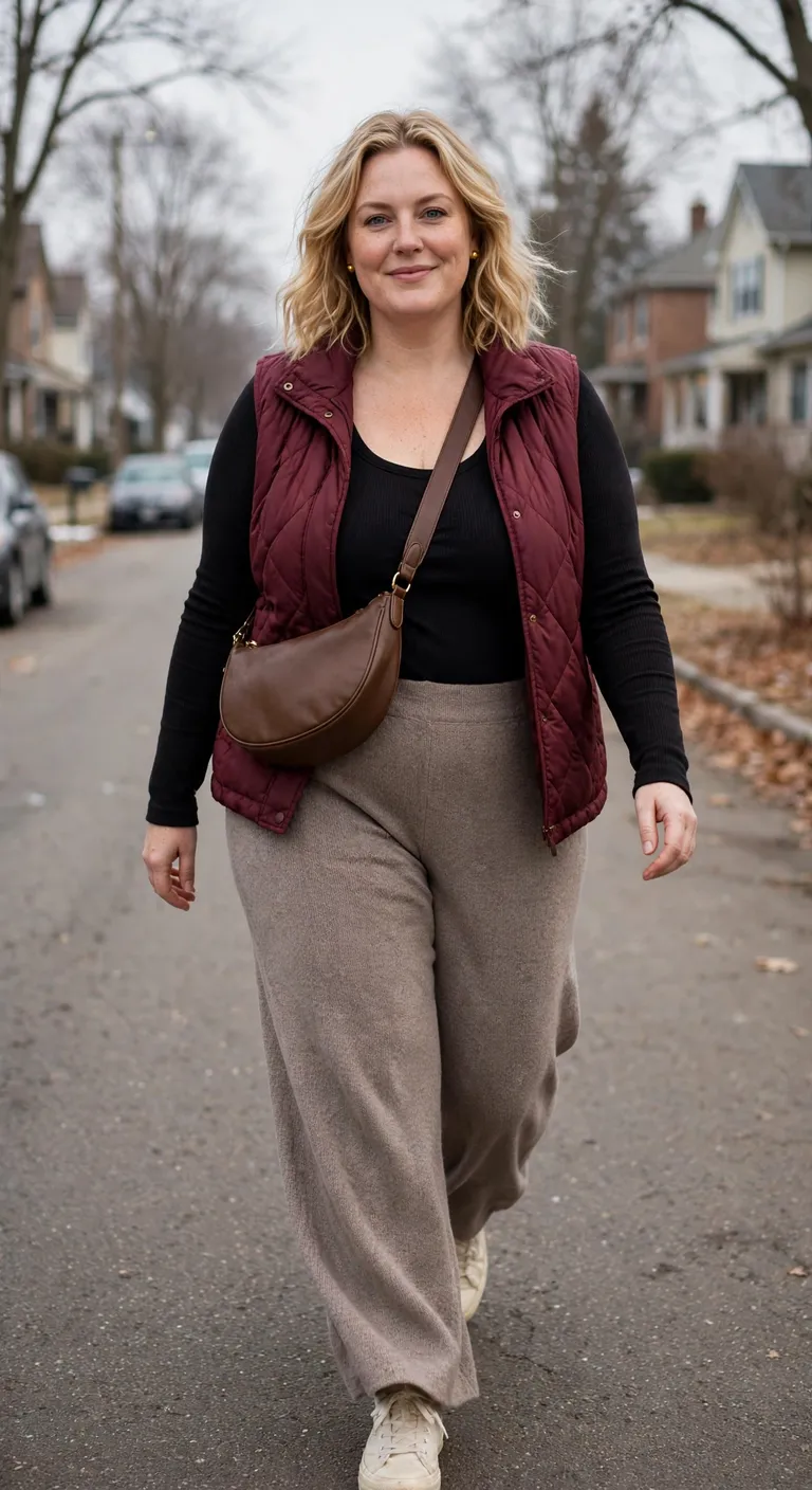 burgundy quilted vest and knit pants for cold weekends