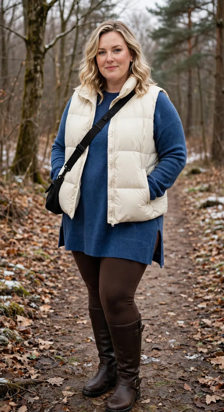 cream puffer vest with espresso ponte leggings