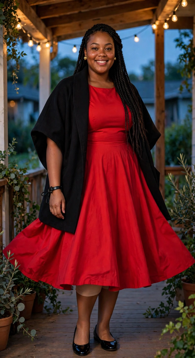 red fit-and-flare midi dress with patent flats