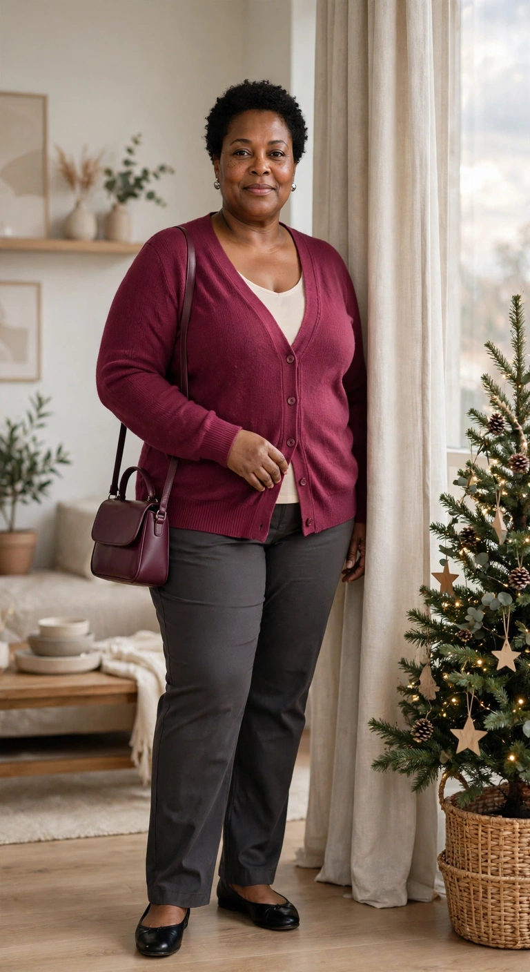 charcoal trousers with a berry cardigan