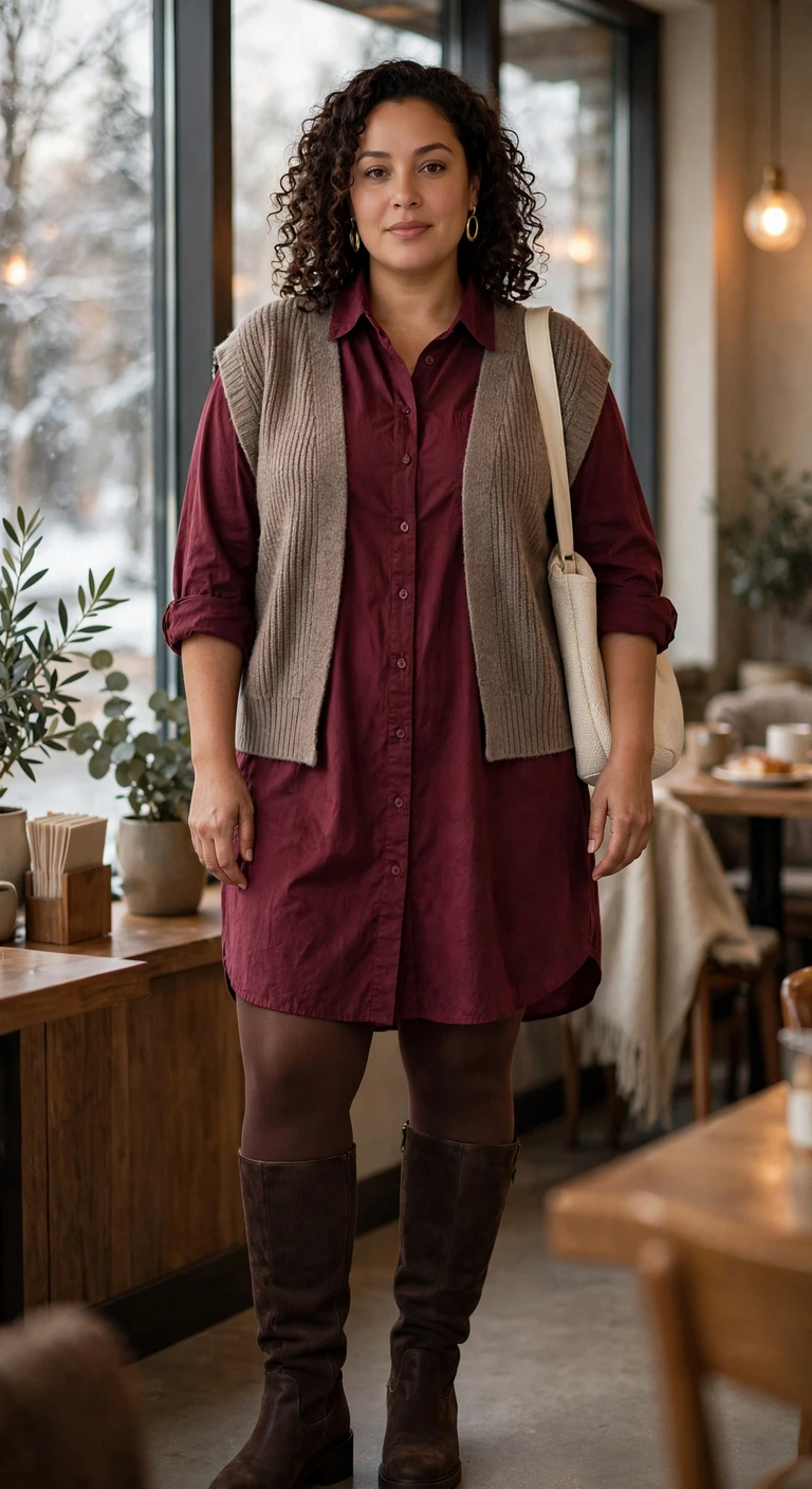 burgundy shirt dress with a taupe sweater vest