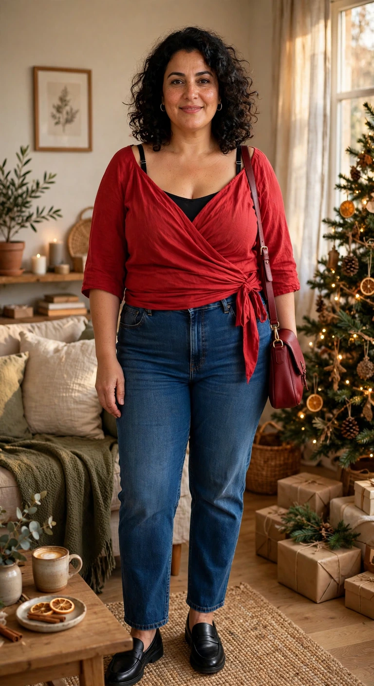 scarlet wrap top and dark denim for casual gatherings