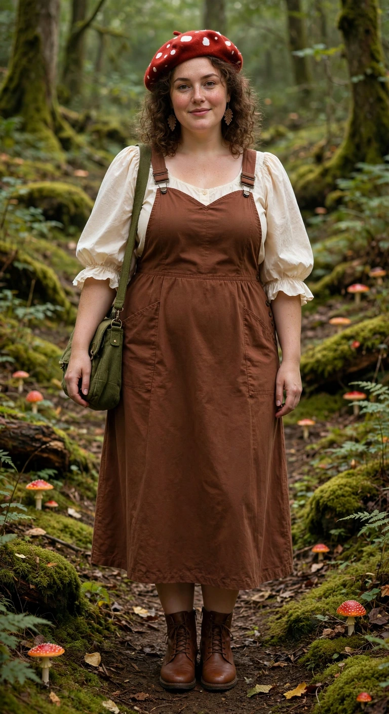 cocoa pinafore and red beret for a mushroom costume