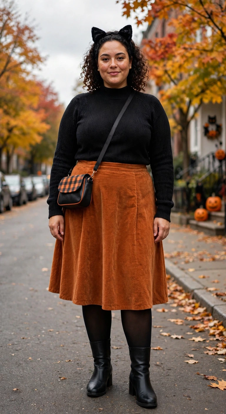 orange corduroy skirt with a black cardigan