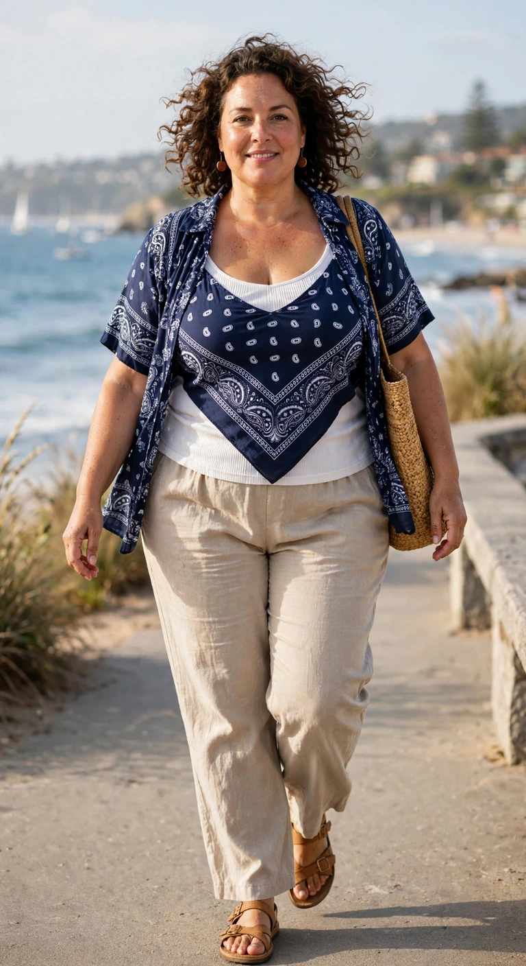 sand linen trousers with a navy bandana top