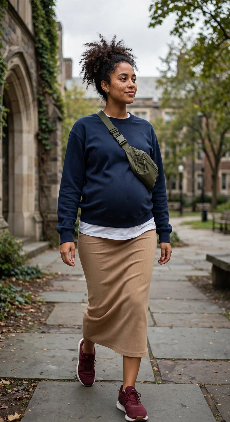 berry puffer vest over a gray sweater dress