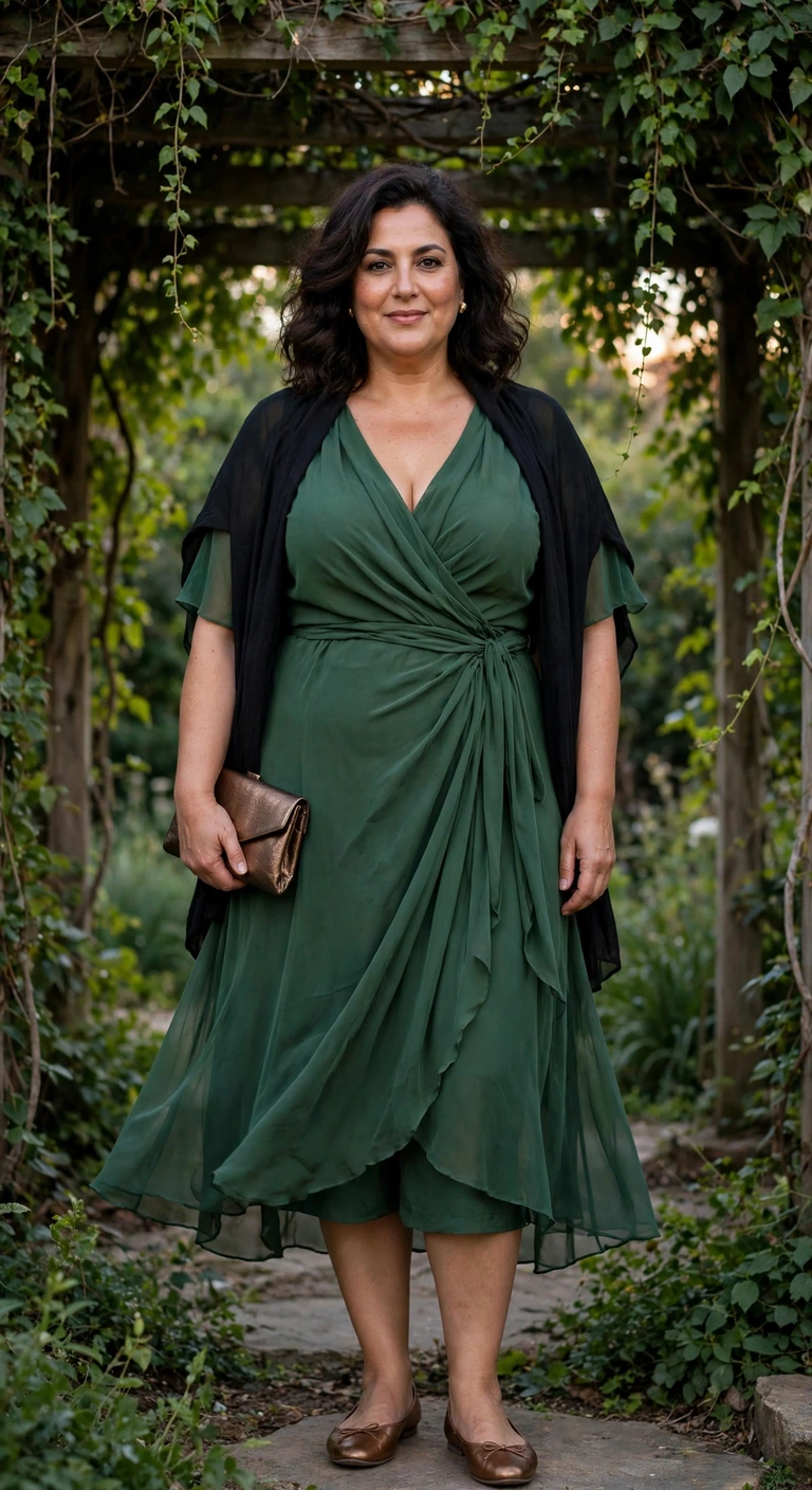forest chiffon wrap dress with bronze flats