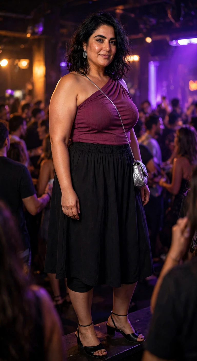 berry one-shoulder top with a black midi skirt