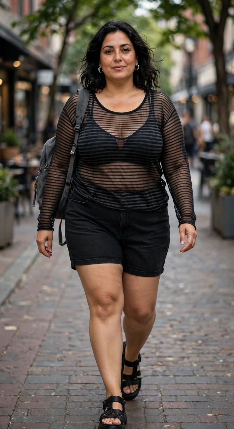 striped mesh top with black denim shorts