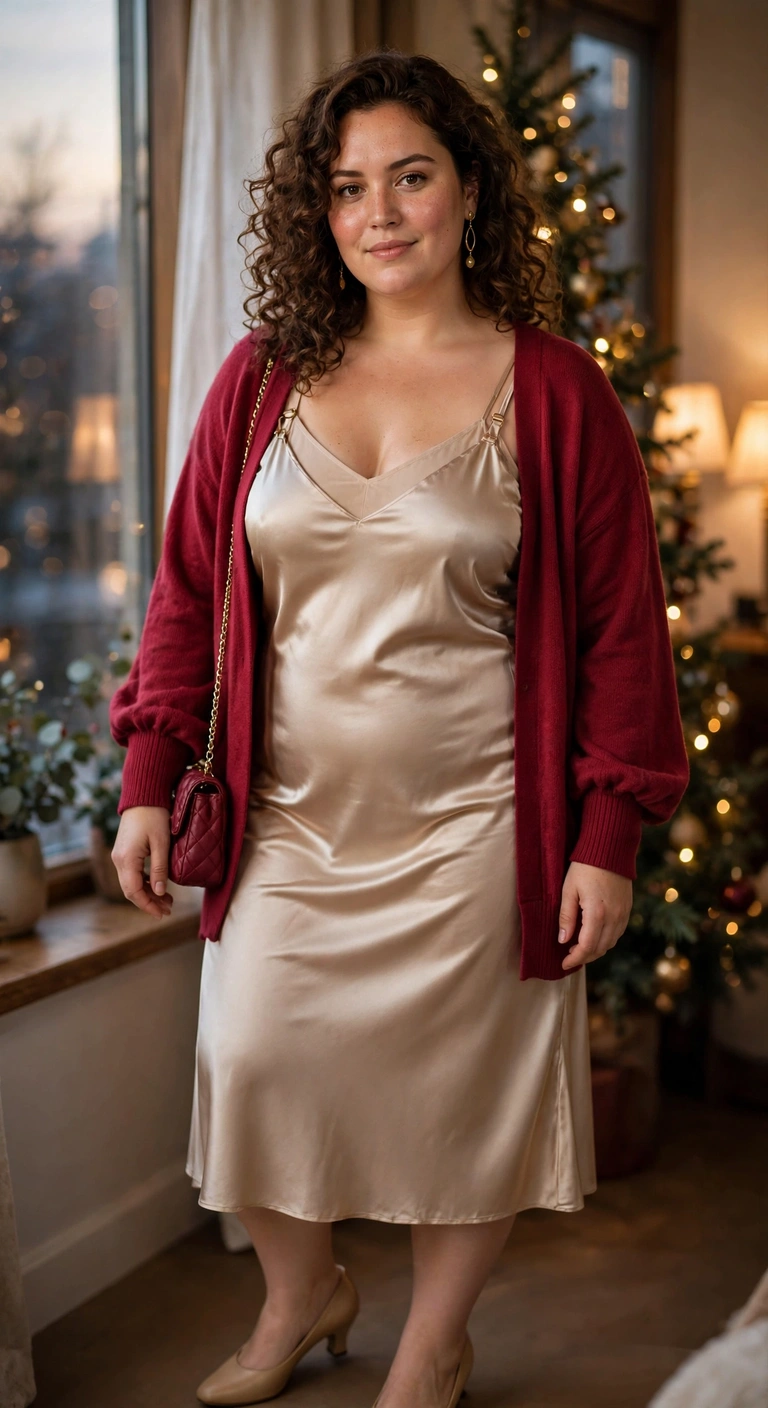 champagne slip dress with a berry cardigan