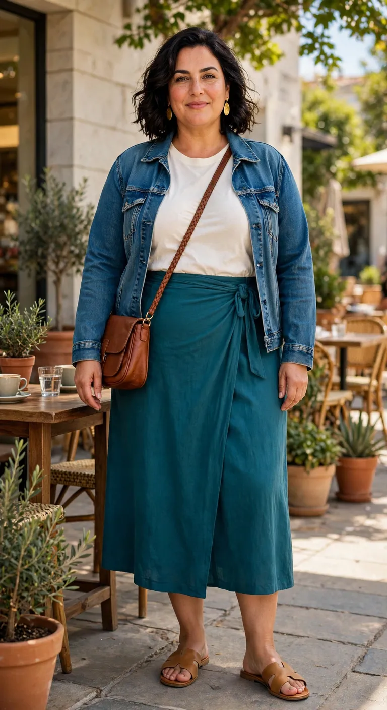 teal wrap skirt with an ivory tee