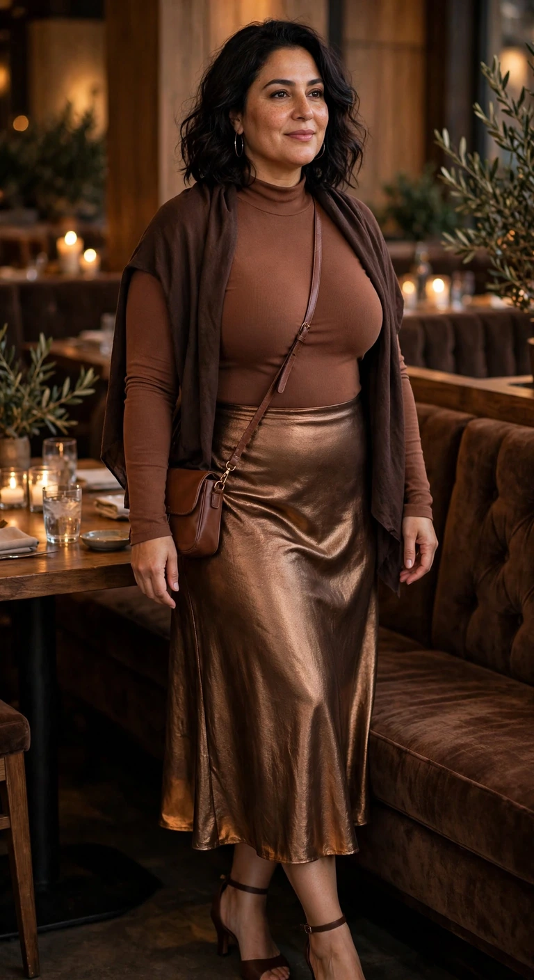 bronze metallic midi skirt with a cocoa bodysuit