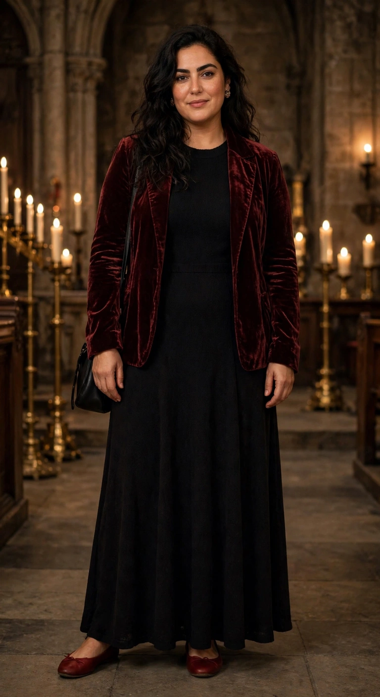 wine velvet jacket over a black maxi dress