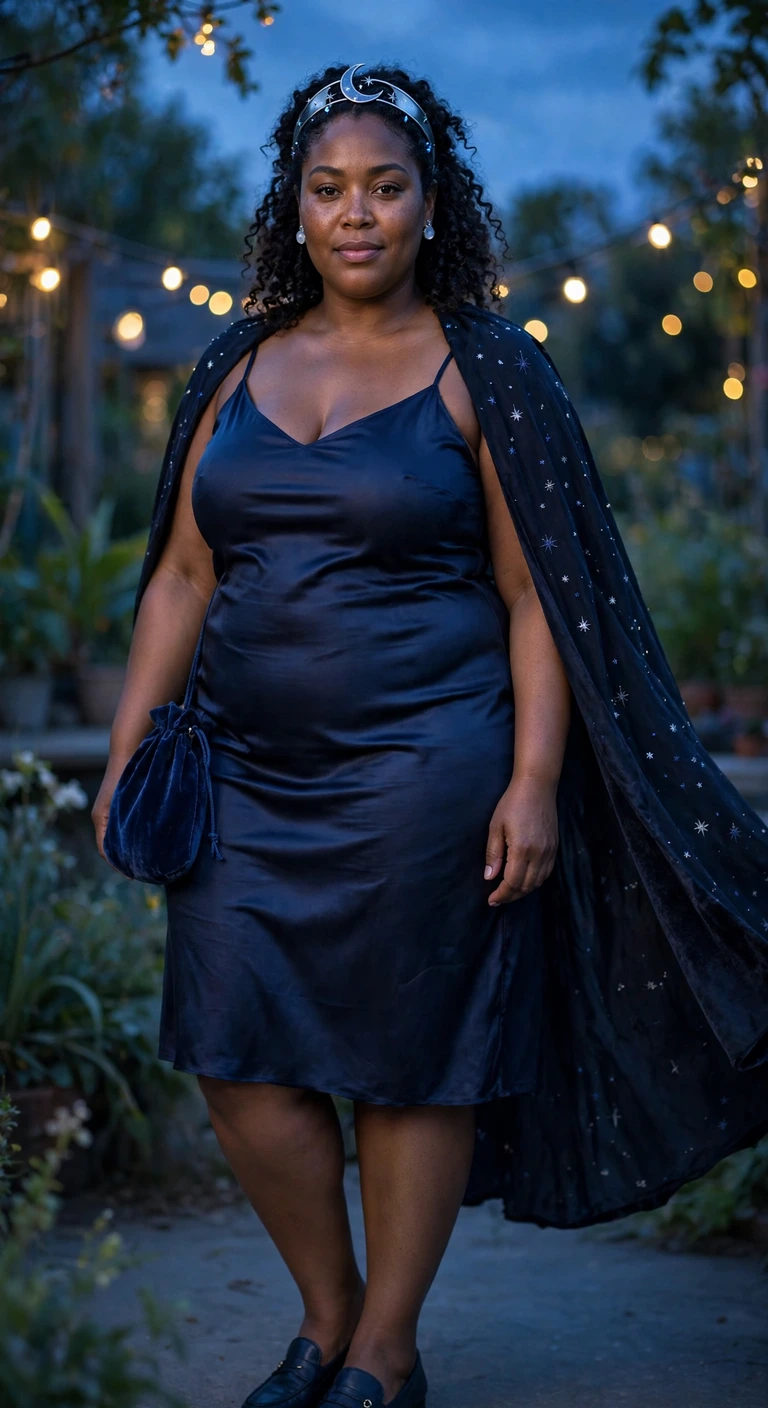 navy satin dress under a celestial star cape