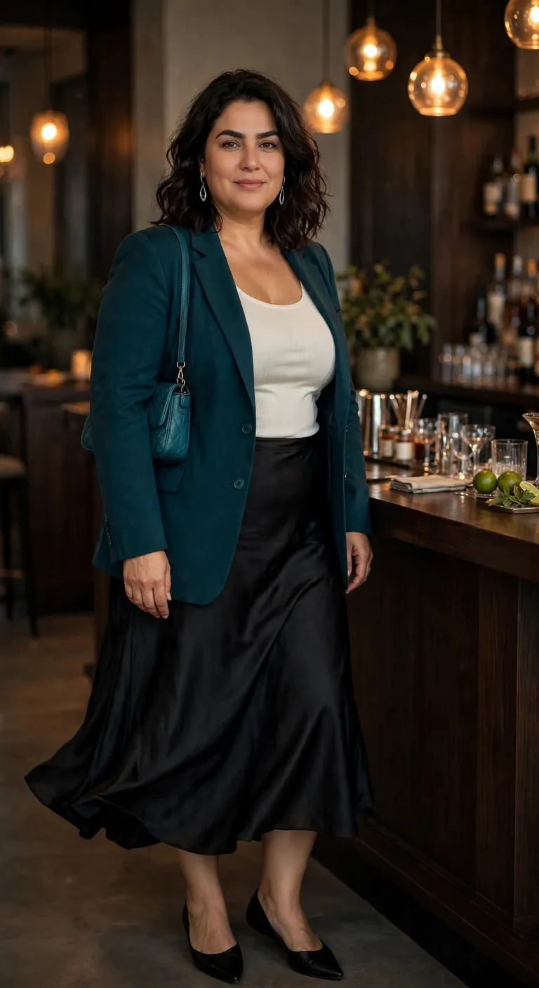 deep teal blazer with black slip skirt