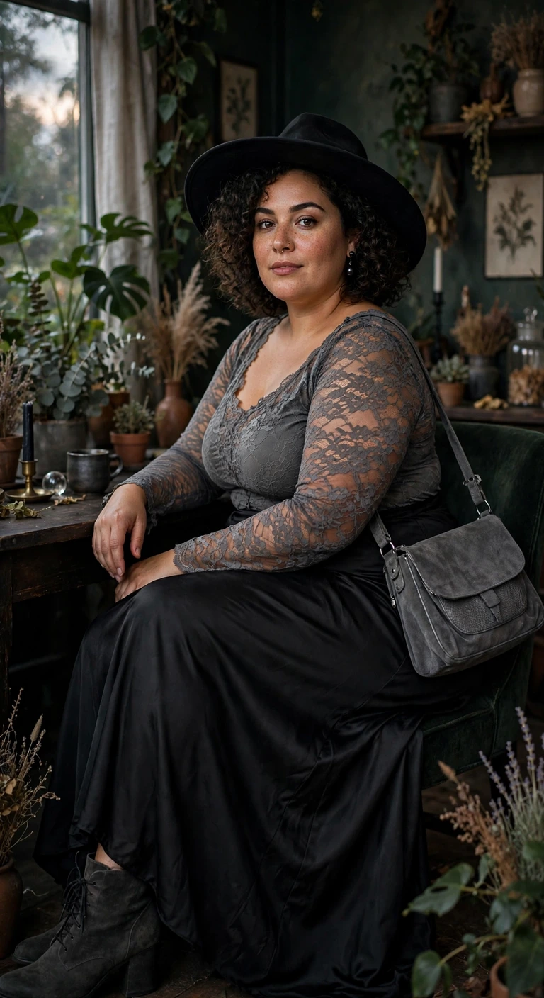 black satin skirt and lace top for a modern witch