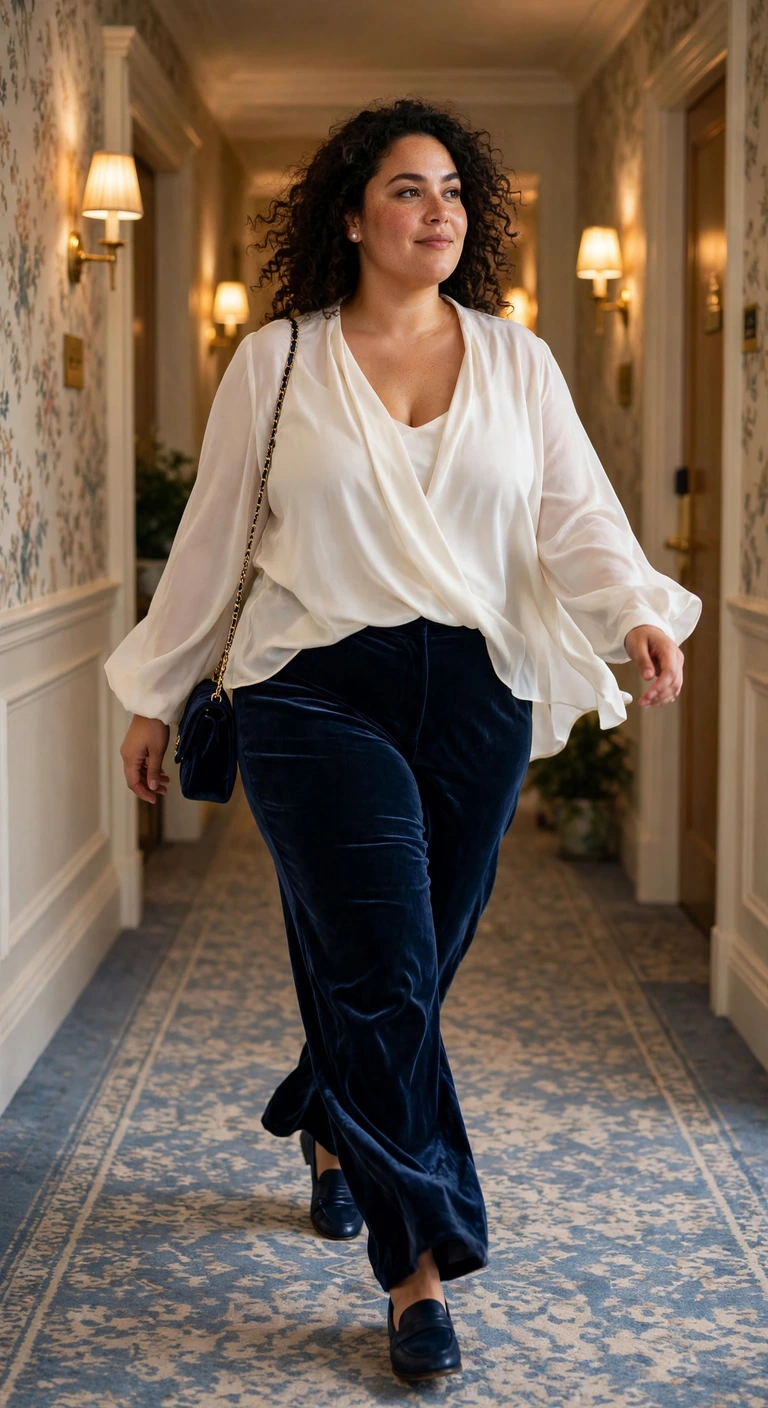 midnight velvet trousers with an ivory fluid blouse