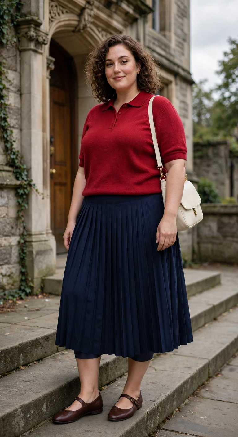 red polo knit with a navy pleated skirt