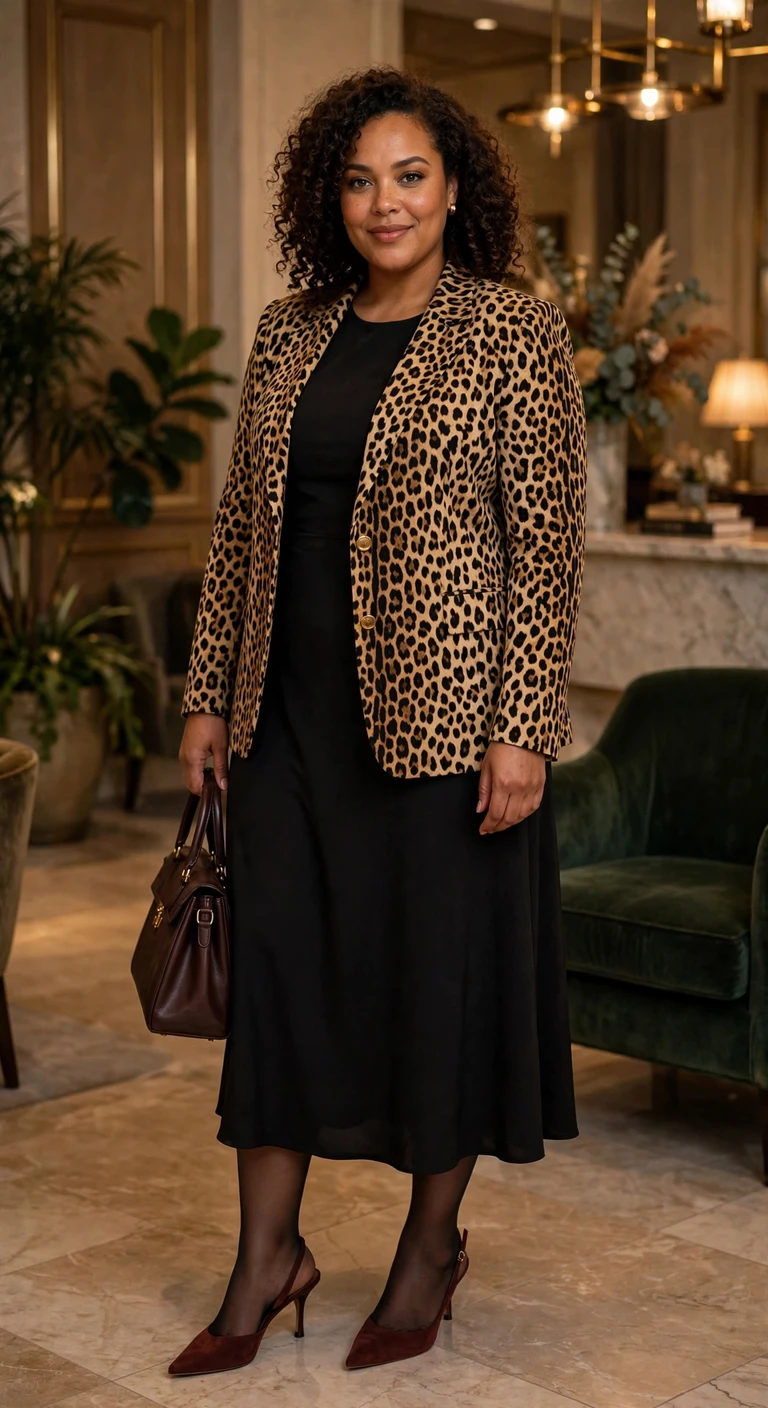 cheetah blazer over a simple black midi dress