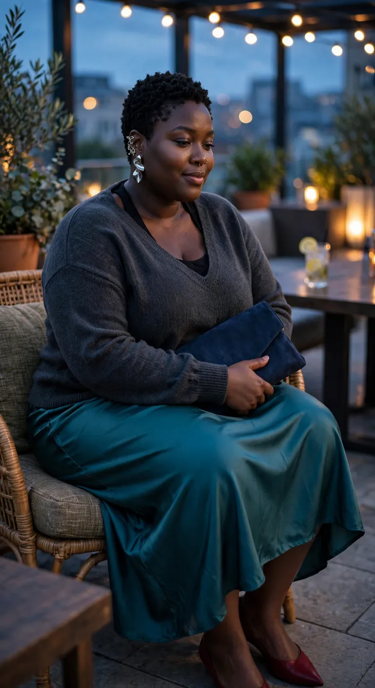 teal satin skirt and charcoal pullover for date night