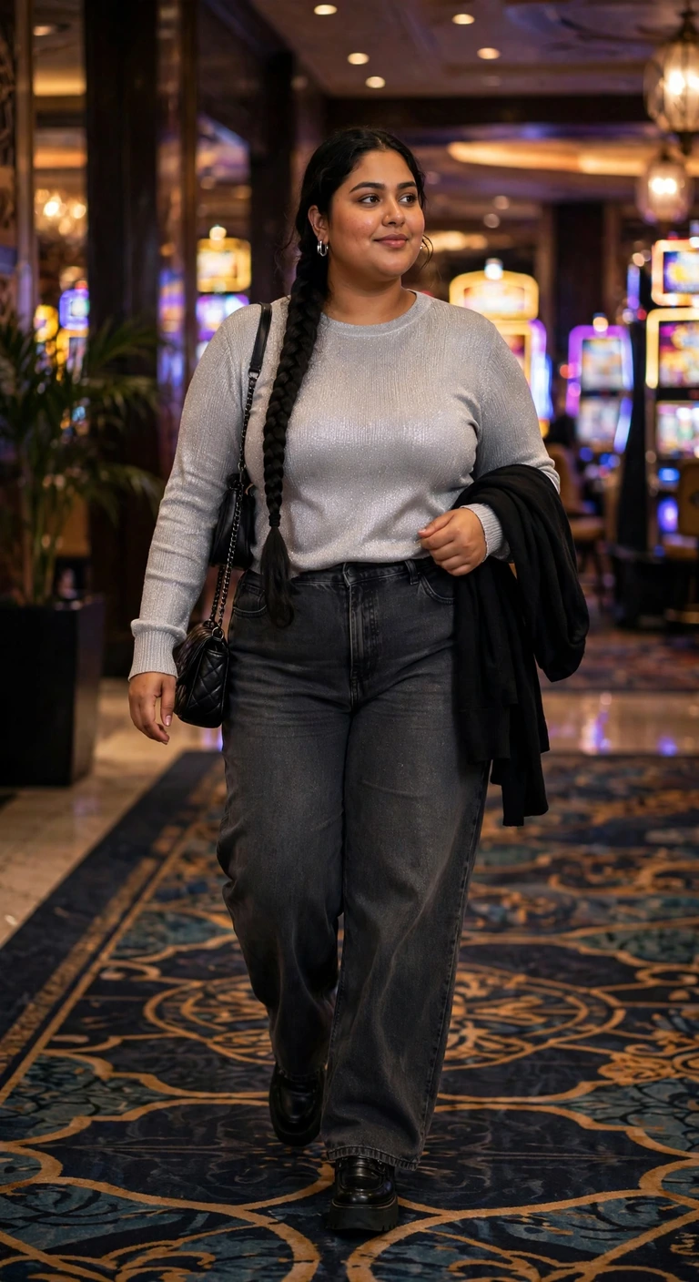 charcoal wide leg jeans with a metallic top