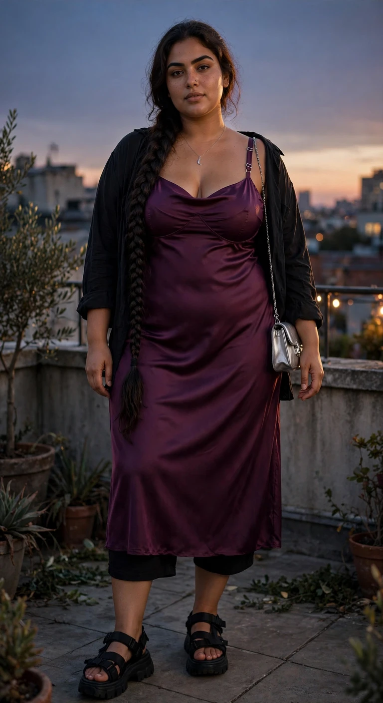 deep plum slip dress with chunky sandals
