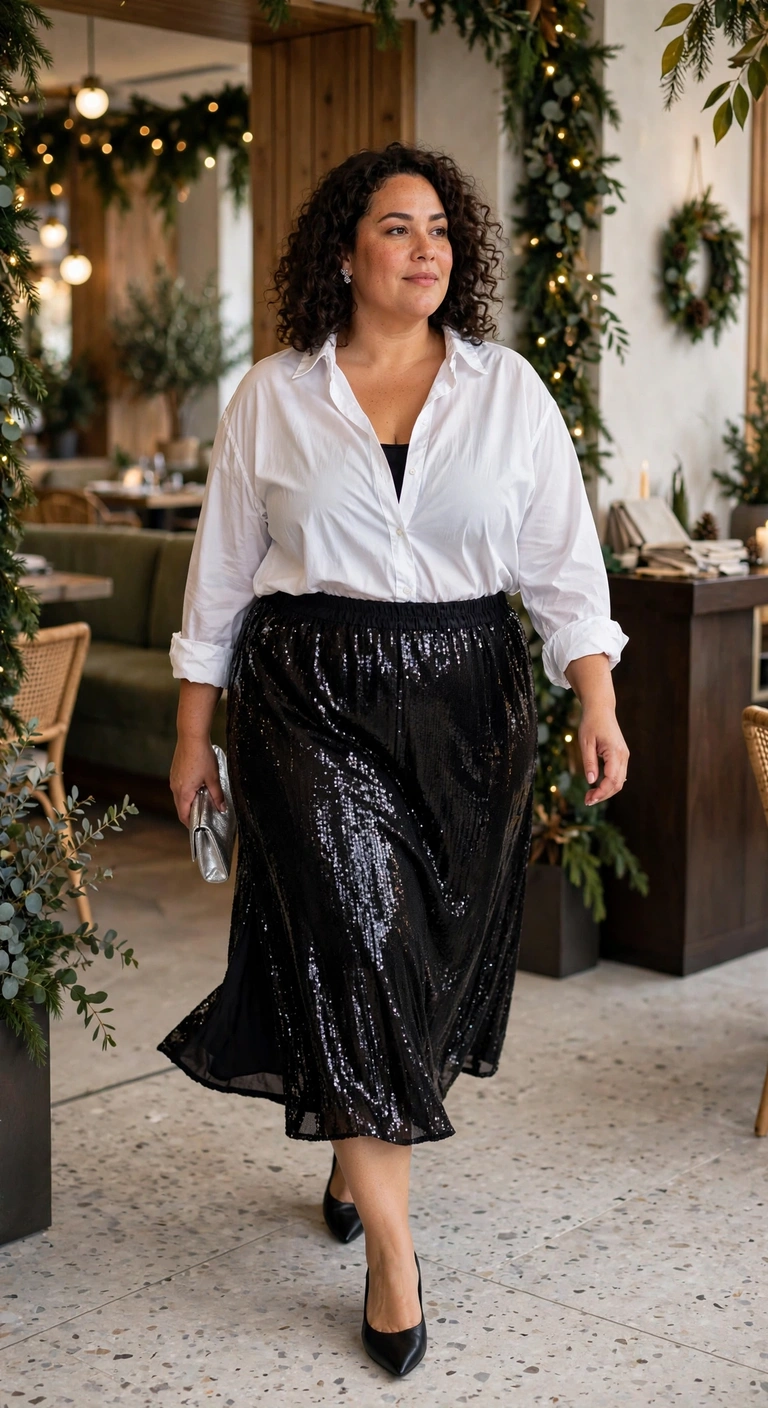 black sequin skirt with a crisp white shirt
