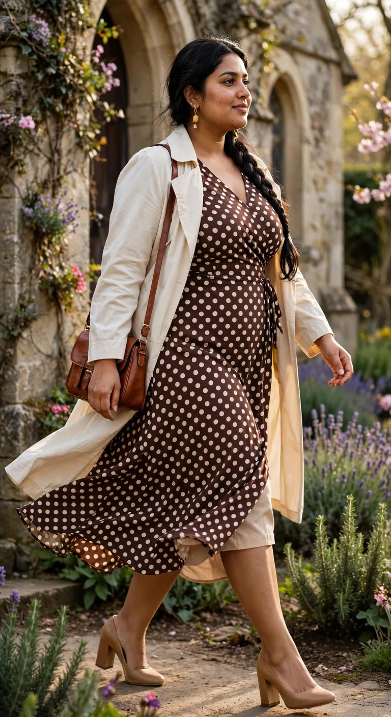 chocolate polka dot dress with a cream trench