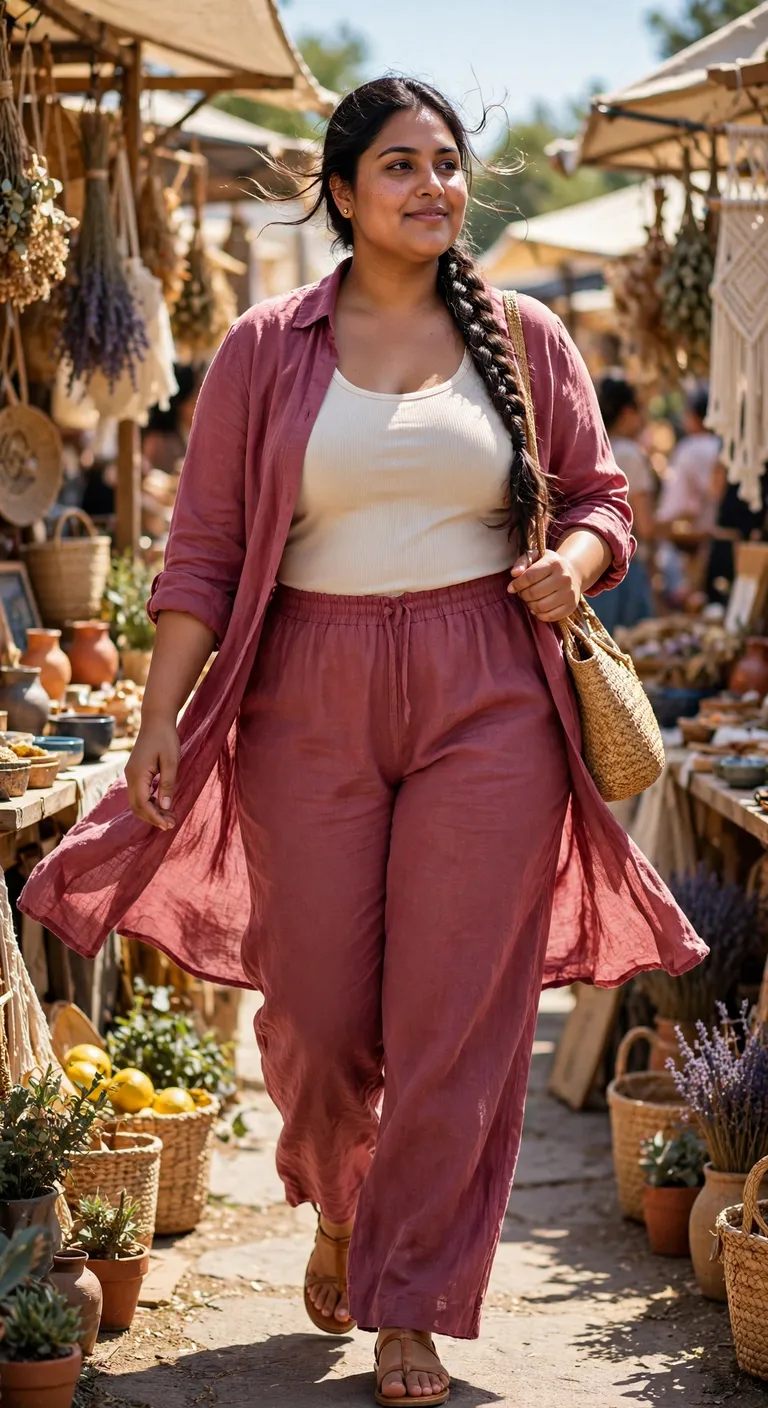 berry linen blend co-ord with flat sandals